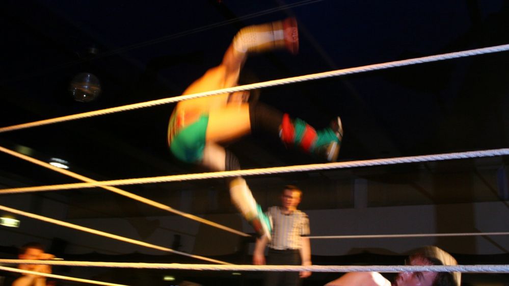 Wrestlers fight in the ring