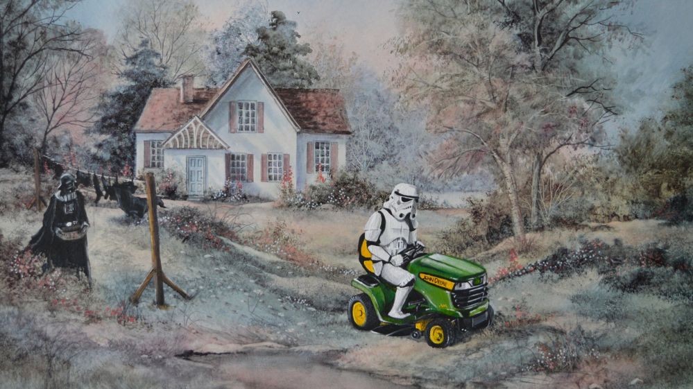 Darth Vader and a Storm Trooper in a charity shop painting