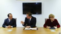 Francois Hollande, David Cameron and Angela Merkel 6 March