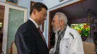Cuba's Fidel Castro, right, speaks with China's President Xi Jinping in Havana, Cuba on 22 July 2014