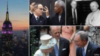 De izq a der: el Empire State en Nueva York, Rudy Giuliani con Nelson Mandela, Ed Koch con el Papa Juan Pablo II, Michael Bloomberg con la reina Isabel II y el príncipe Felipe and Princípe Felipe