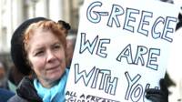 London protester with a sign for Greece