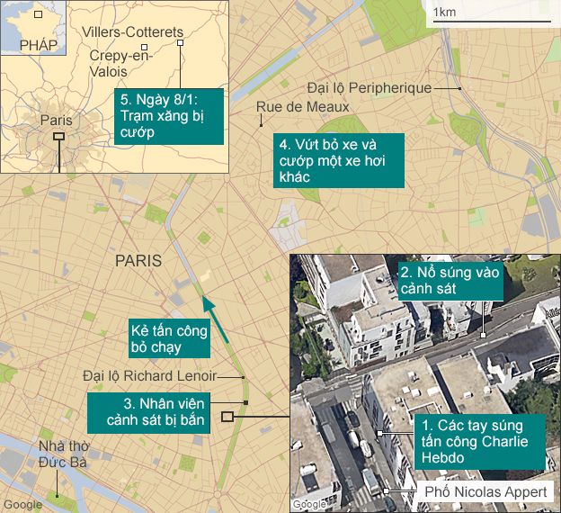 Bản đồ vụ tấn công vào Văn phòng tạp chí Charlie Hebdo ở Paris, 1/2015