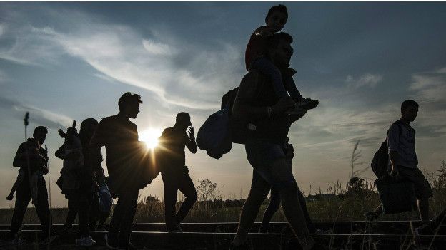 Imigrantes em Roszke, na Hungria, após atravessarem a fronteira com a Sérvia (Foto: Sandor Ujvari/EPA)