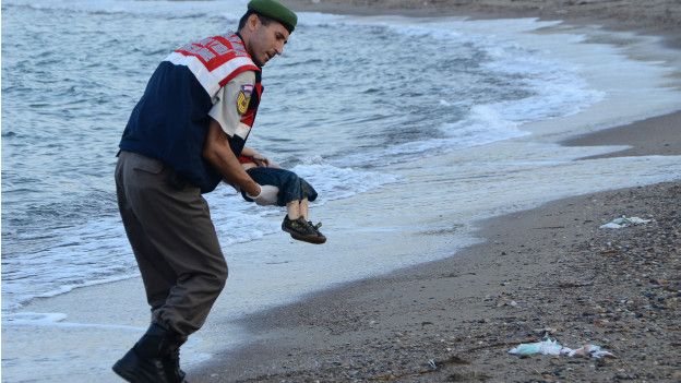 Imagen de un policía turco cargando el cadáver de un niño ahogado