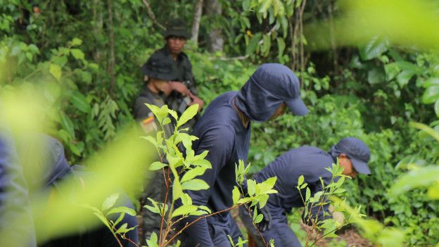 Erradicadores con policía de fondo