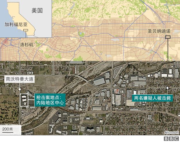 圣贝纳迪诺枪击案现场地图