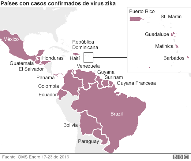 Mapa de países más afectados por el virus Zika