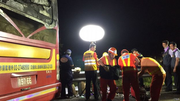 工作人員從焚毀的巴士殘骸中整理出罹難者的行李