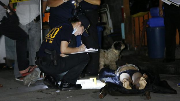 菲律賓警察檢查疑似毒販的屍體