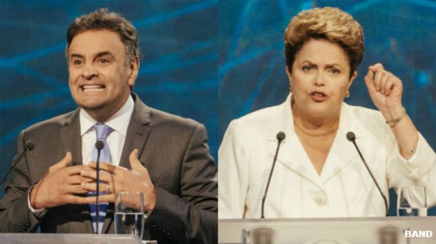 Montagem Aécio e Dilma no debate da Band / Crédito: Band
