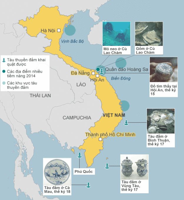 Bản đồ những địa điểm có tàu thuyền đắm dọc bờ biển Việt Nam