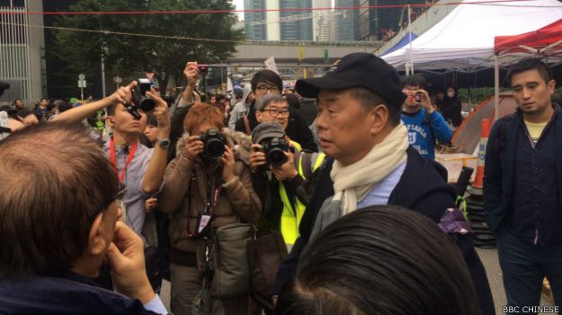 壹传媒集团主席黎智英称将与学生示威者共进退，包括被捕（BBC中文网记者陈志芬摄）。