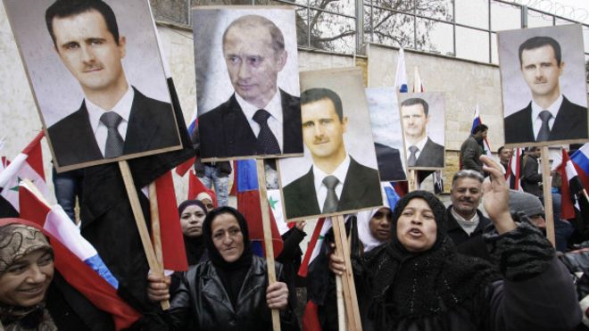 Manifestación pro Assad y Putin