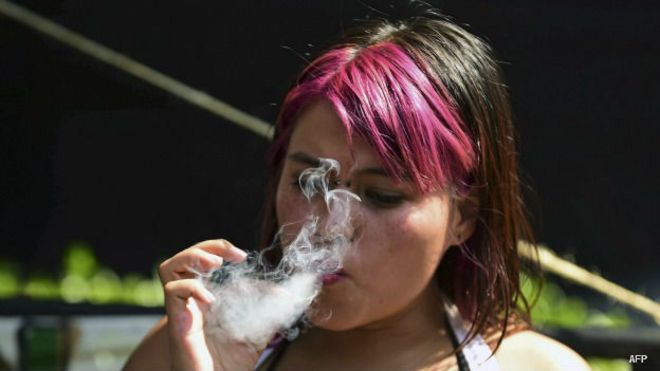 Mujer fuma marihuana afuera de la Suprema Corte de Justicia de México. Foto: AFP/Getty
