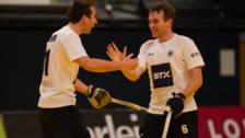 East Grinstead celebrate a goal in the Hockey 5s final at Wembley Arena