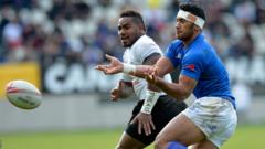 Action from Fiji v Samoa in the World Series rugby sevens