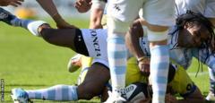 Racing Metro 92's centre Albert Vulivuli falls during the French Top 14 rugby union match between Racing Metro 92 vs Clermont