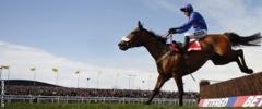 Paddy Brennan riding Cue Card clear the last to win The Betfred Bowl Steeple Chase at Aintree Racecourse
