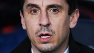 Valencia manager Gary Neville faces the press after a 7-0 defeat to Barcelona