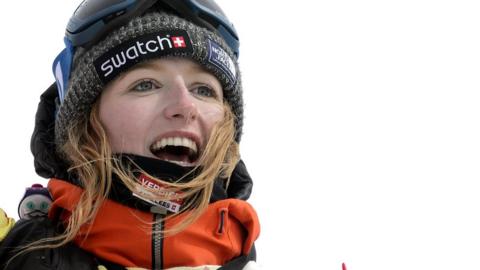 Estelle Balet celebrating after she won the women's snowboard event at the Bec des Rosses during the Verbier Xtreme Freeride World Tour final above the Swiss Alps resort of Verbier, April 2, 2016