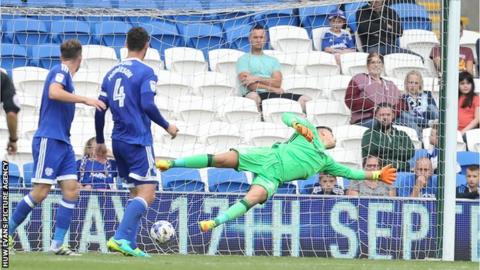 Cardiff City goalkeeper Ben Wilson is beaten by a shot from Yann Kermorgant