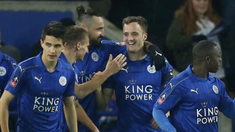 Leicester City players celebrate scoring against Derby County in the FA Cup