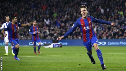 Denis Suarez celebrates scoring for Barcelona against Real Sociedad in the Copa del Rey