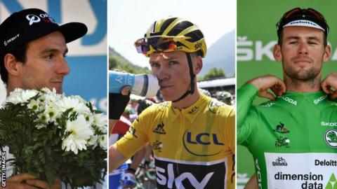 Adam Yates, Chris Froome and Mark Cavendish (left to right)