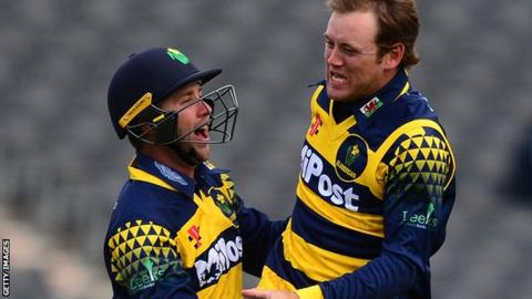 Colin Ingram of Glamorgan celebrates the wicket of Graeme Van Buuren