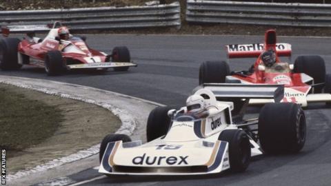 Alan Jones in the Surtees, James Hunt in the McLaren and Niki Lauda in the Ferrari at the 1976 British Grand Prix at Brands Hatch