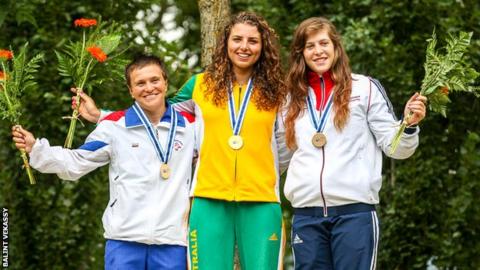 Kimberley Woods (right) wins bronze in the C1W World Cup in Spain