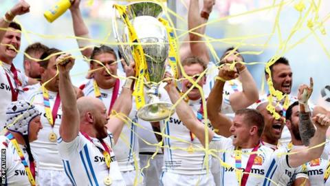 Exeter Chiefs celebrate their Premiership win
