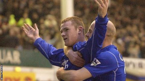 Wayne Rooney celebrates scoring against Blackburn in 2002