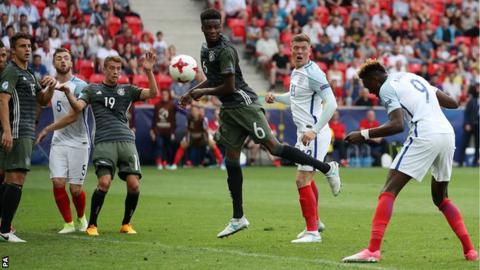 England in action against Germany in the semi-final of the European Under-21 Championship