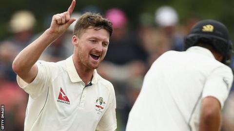 Jackson Bird of Australia celebrates after taking the wicket of Tim Southee of New Zealand