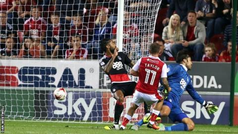 Jon Taylor puts Rotherham ahead against Nottingham Forest in the first half