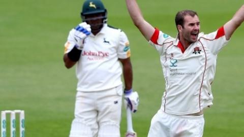 Samit Patel was Nottinghamshire's top scorer with 67 against Lancashire at Trent Bridge before being caught behind off Tom Smith