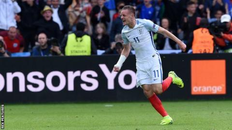 Vardy celebrates a goal