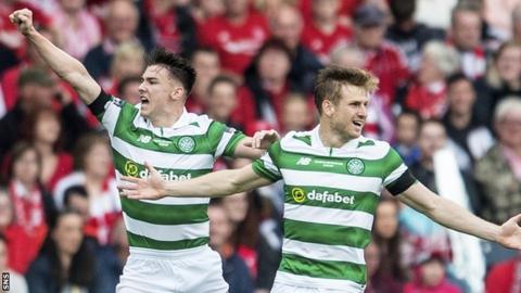Celtic's Kieran Tierney and Stuart Amstrong celebrate