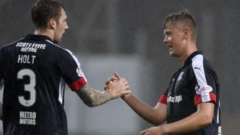 Kevin Holt congratulates Mark O'Hara on scoring Dundee's equaliser