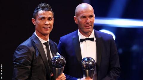 Real Madrid forward Cristiano Ronaldo and boss Zinedine Zidane with their Best Fifa Football Awards.