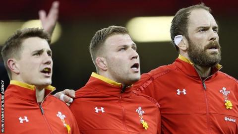 Jonathan Davies (left), Ross Moriarty (centre) and Alun Wyn Jones are three of 12 Wales players in the Lions squad