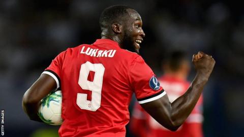 Romelu Lukaku celebrates his goal in the Super Cup defeat to Real Madrid