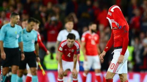 Wales players react at full-time in their defeat to Republic or Ireland