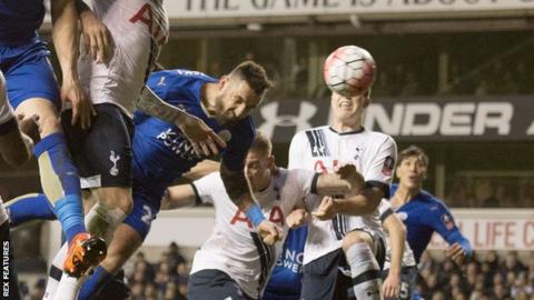 Marcin Wasilewski scores for Leicester in the FA Cup third round against Tottenham in January