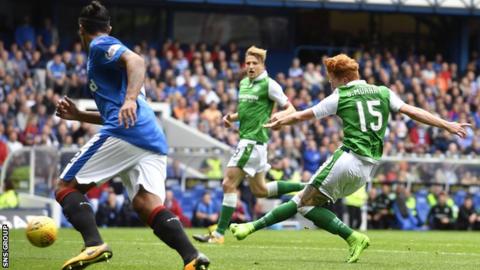 Simon Murray slides home a composed shot to make it 1-1 at Ibrox