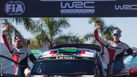 Elfyn Evans (right) and his co-driver Daniel Barritt was to the crowd at the end of the Argentina rally
