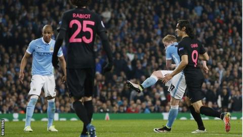 Manchester City midfielder Kevin de Bruyne scores for his side against PSG