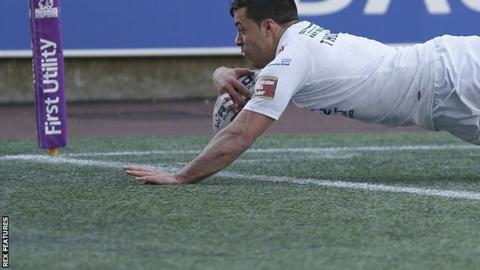Corey Thompson crossing for one of three tries against Leeds